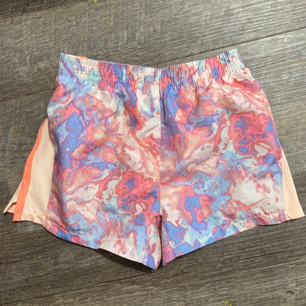 Nike Girls Dri-FIT Marble Watercolor Running Shorts Size 6 Pink Purple Blue